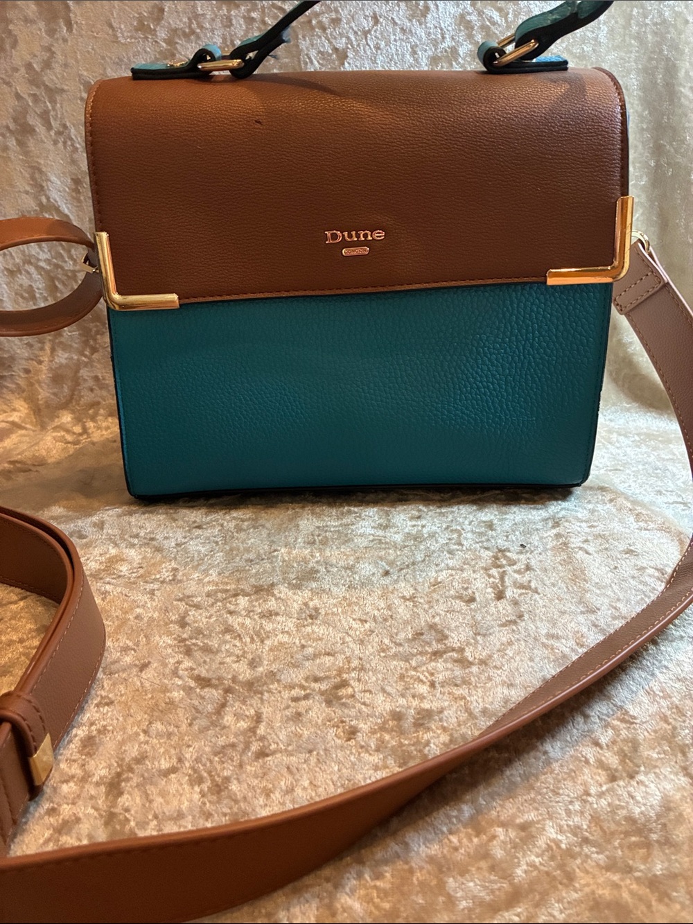 Dune Two-Tone Brown & Teal Crossbody Bag with Gold Accents